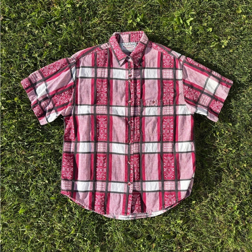 Vtg Citi-Craze Sophisticates S/S Button-Up Shirt Womens M Red Wht Plaid Abstract